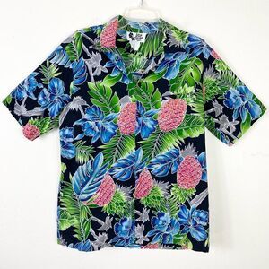 Hilo Hattie Men’s Black Colorful Pineapple Floral Hawaiian Button Up Shirt XL